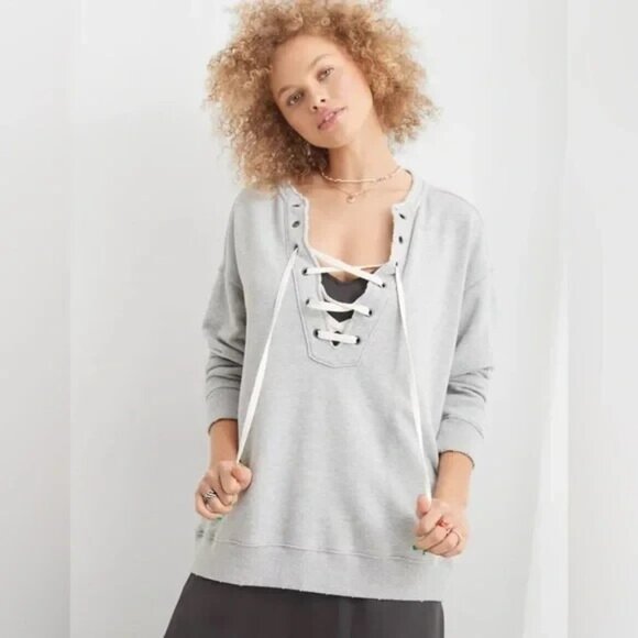 Aerie Lace Up Oversized Crew Sweatshirt Grey Long Sleeve Distressed Sz L - Picture 1 of 13